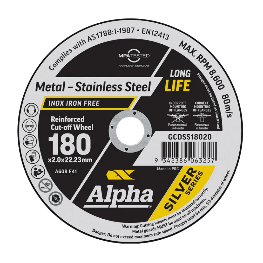 ALPHA Silver Series Reinforced Cut-off Wheel 180mm x 2mm x 22.23mm bore (Maxabrase)