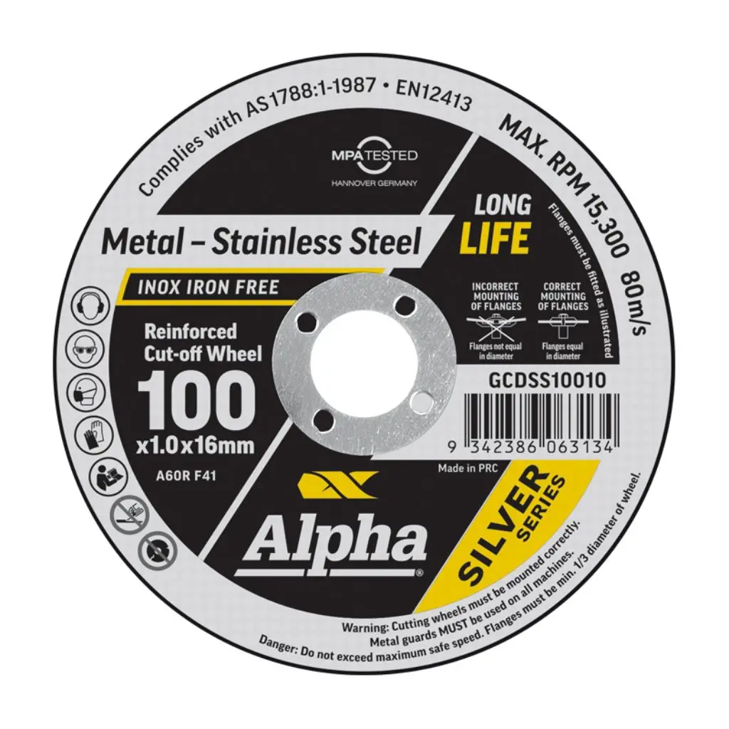 ALPHA Silver Series Reinforced Cut-off Wheel 100mm x 1mm x 16mm bore (Maxabrase)