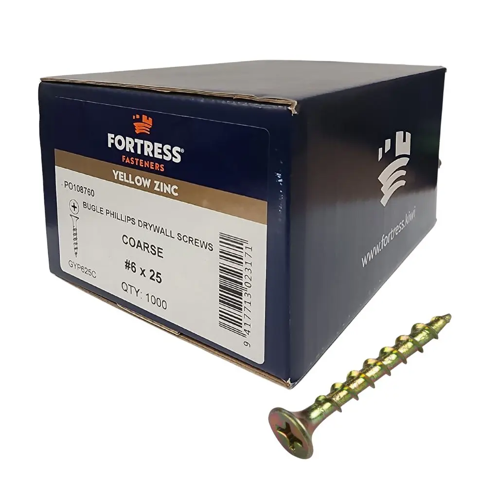 FORTRESS Plasterboard Bugle Screw 6g x 25mm Yellow Zinc (box of 1000)