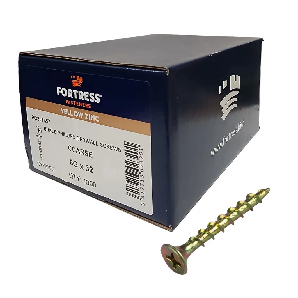 FORTRESS Plasterboard Bugle Screw 6g x 32mm Yellow Zinc (box of 1000)
