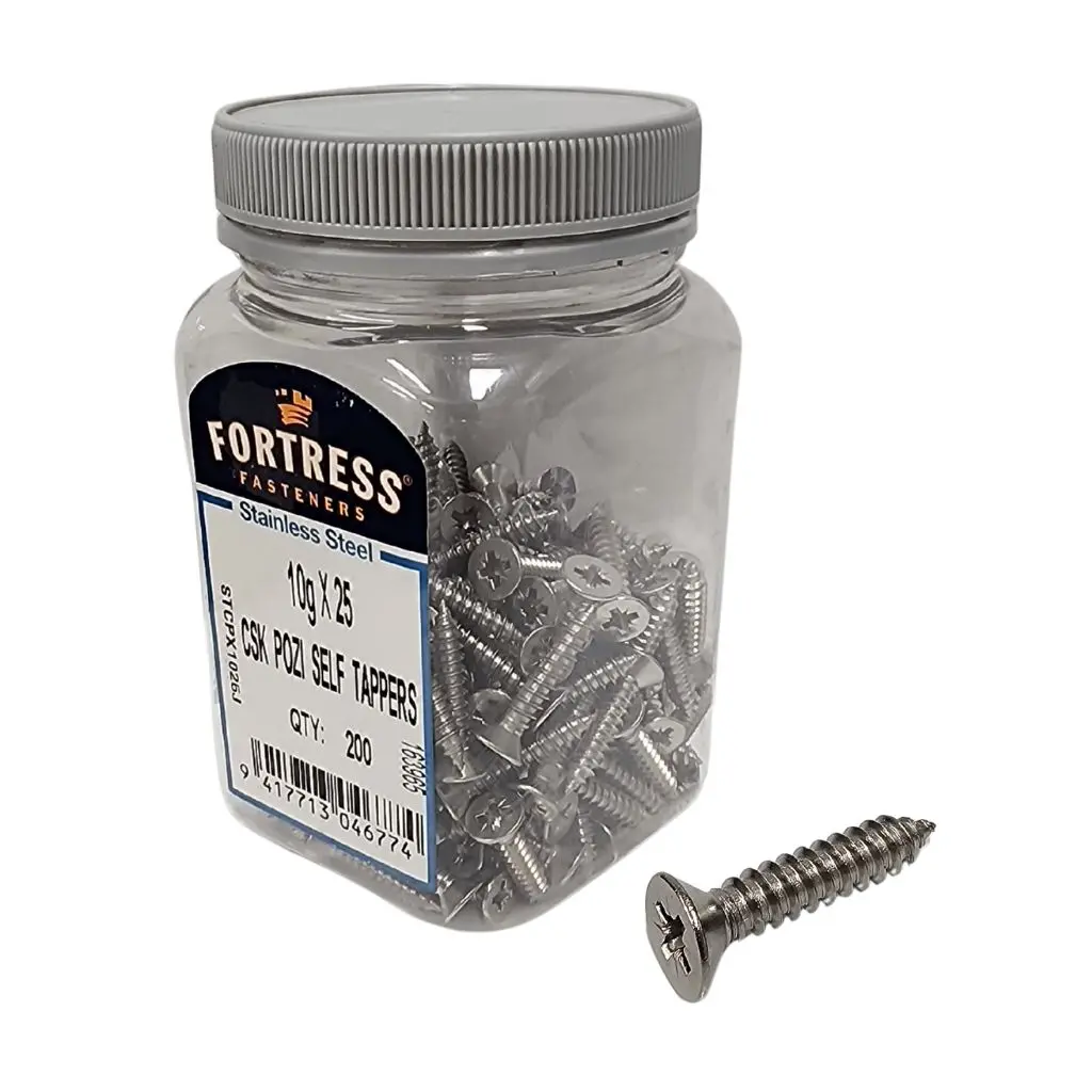 FORTRESS Self Tappers 10g x 25 Countersunk Pozi Stainless Steel (jar of 200)