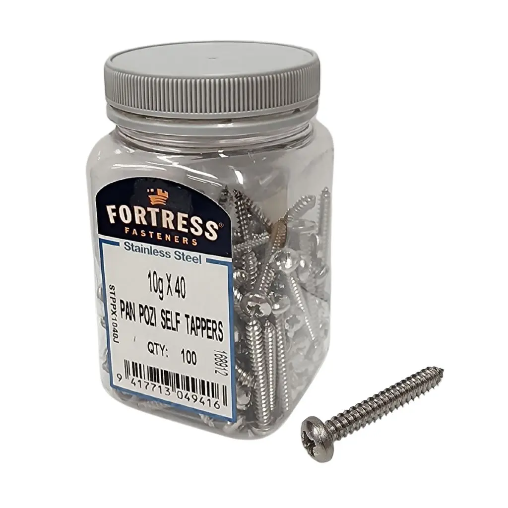 FORTRESS Self Tappers 10g x 40 Pan Pozi Stainless Steel (jar of 100)