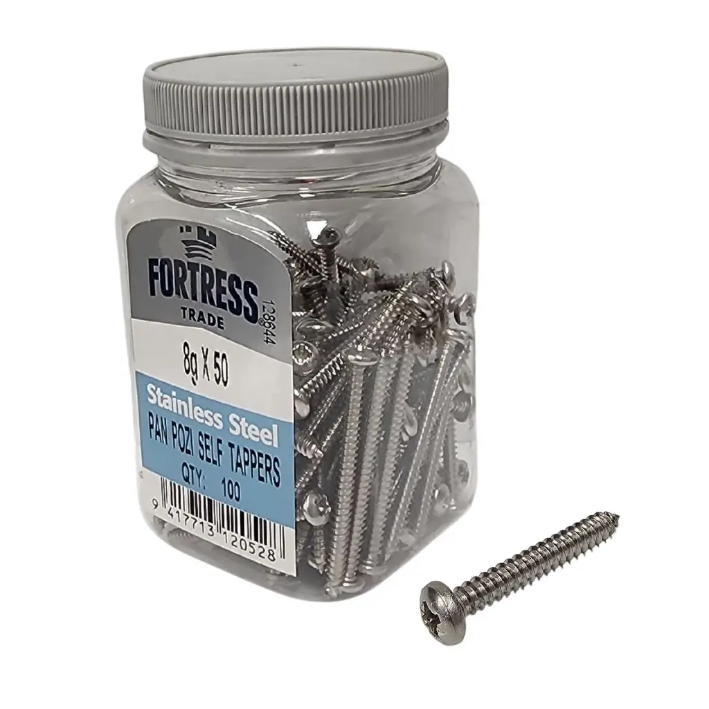 FORTRESS Self Tappers 8g x 50 Pan Pozi Stainless Steel (jar of 100)