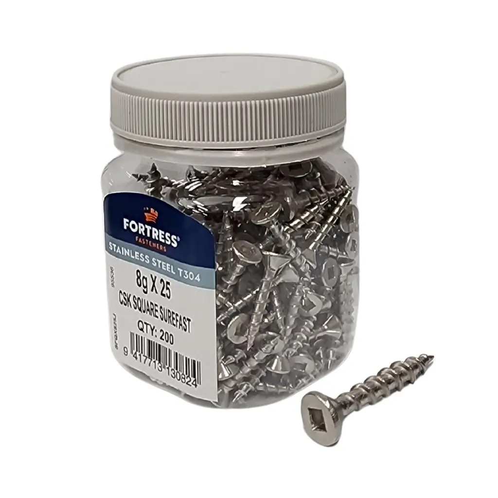 FORTRESS Countersunk Square Surefast Screw 8g x 25 Stainless Steel (jar of 200)