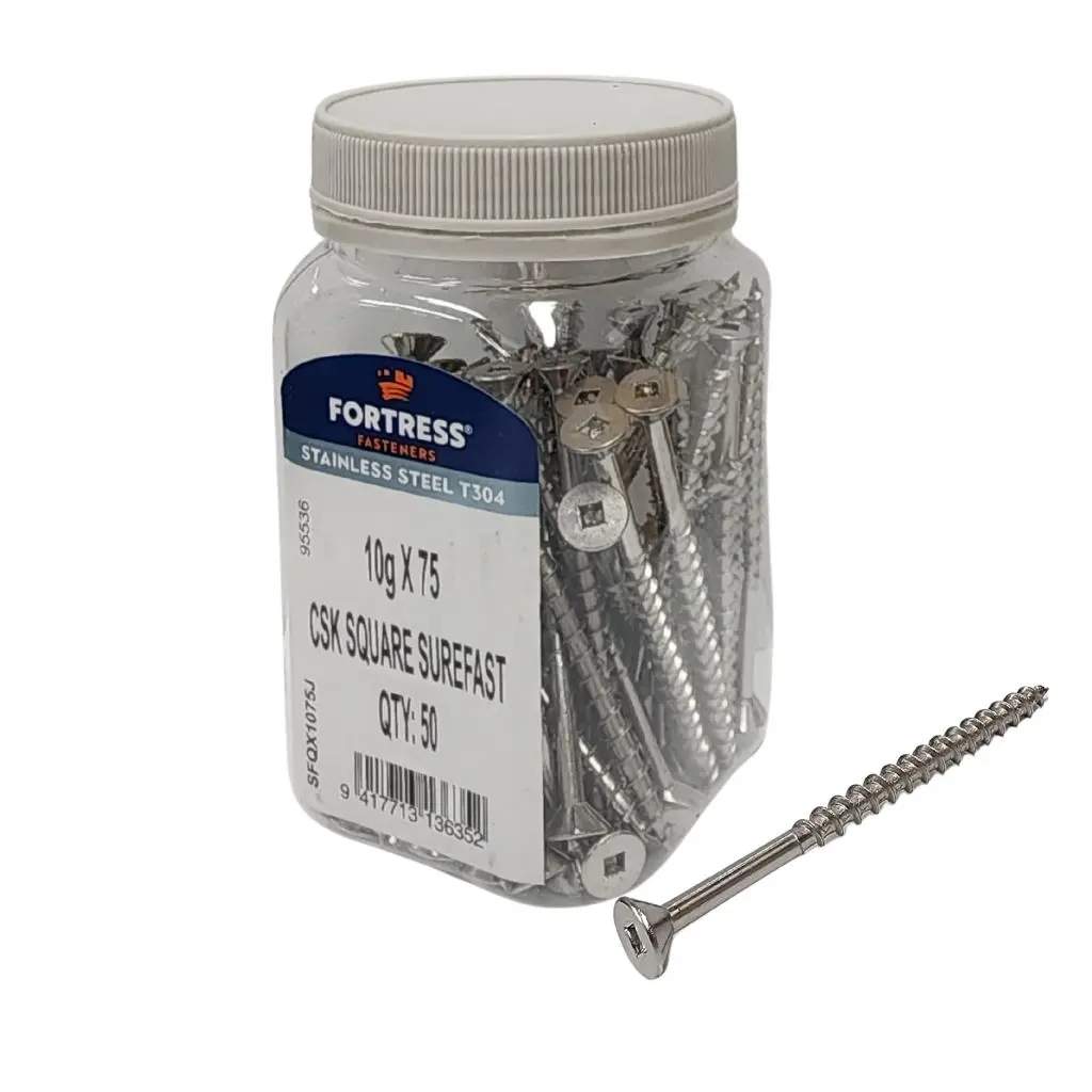 FORTRESS Countersunk Square Surefast Screw 10g x 75 Stainless Steel (jar of 50)