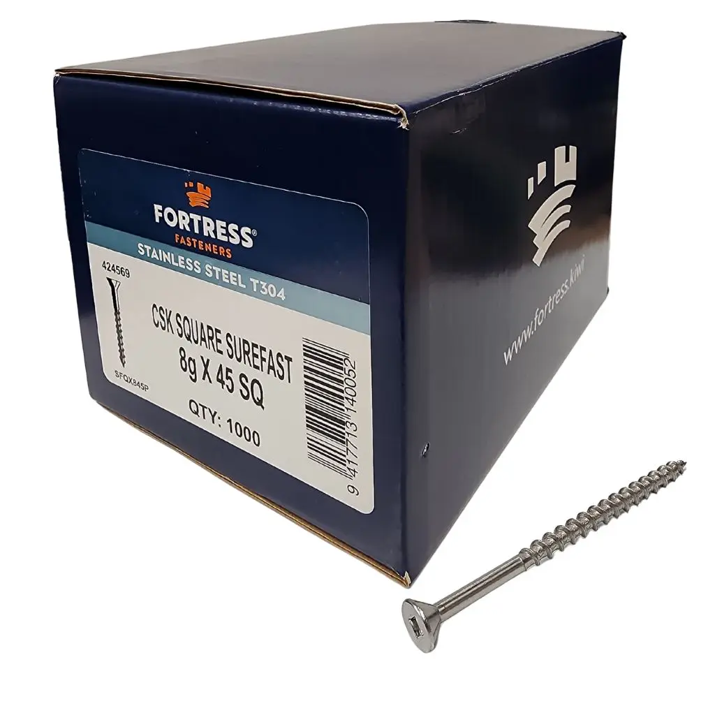 FORTRESS Countersunk Square Surefast Screw 8g x 45 Stainless Steel (box of 1000)