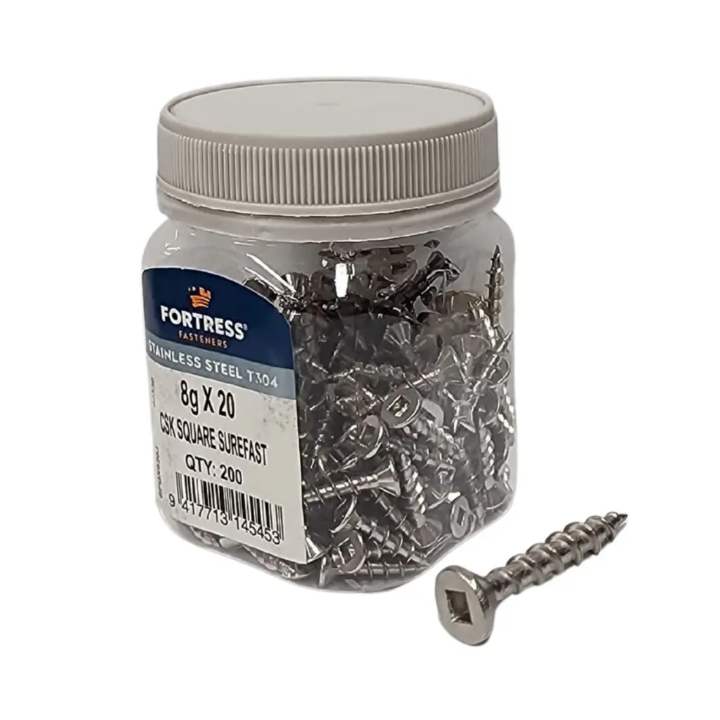FORTRESS Countersunk Square Surefast Screw 8g x 20 Stainless Steel (jar of 200)