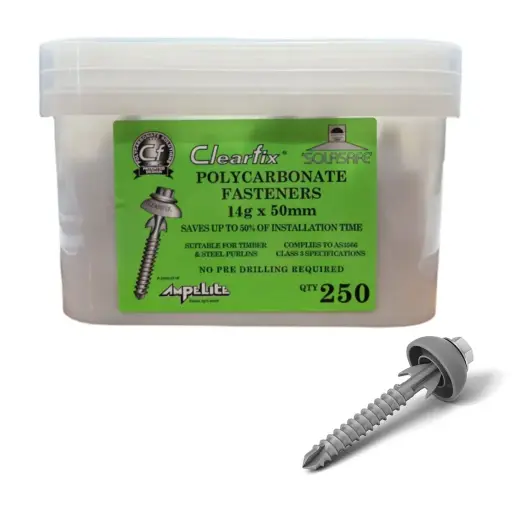 [SSCF14X50250] CLEARFIX Self Cutting Polycarbonate Roofing Screw & Dome 14g x 50 (pack of 250)