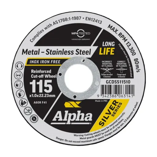 [GCDSS11510] ALPHA Silver Series Reinforced Cut-off Wheel 115mm x 1mm x 22.23mm bore (Maxabrase)