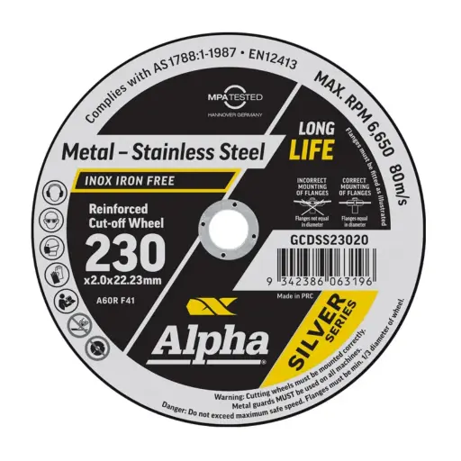 [GCDSS23020] ALPHA Silver Series Reinforced Cut-off Wheel 230mm x 2mm x 22.23mm bore (Maxabrase)