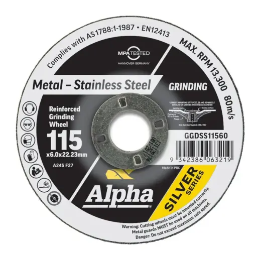 [GGDSS11560] ALPHA Silver Series Reinforced Grinding Wheel 115mm x 6mm x 22.2mm bore (Maxabrase)