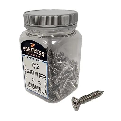 [111562] FORTRESS Self Tappers 10g x 25 Countersunk Pozi Stainless Steel (jar of 200)