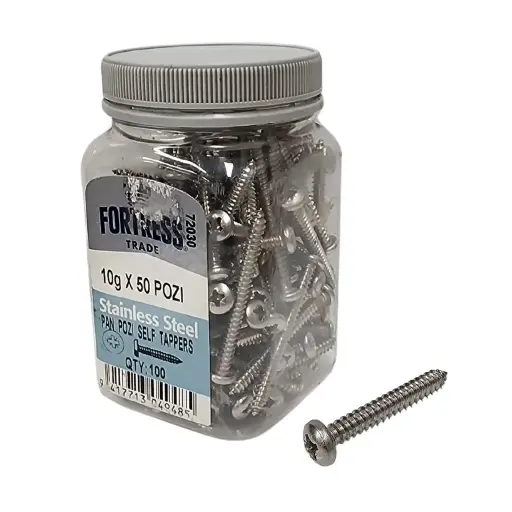 [111520] FORTRESS Self Tappers 10g x 50 Pan Pozi Stainless Steel (jar of 100)