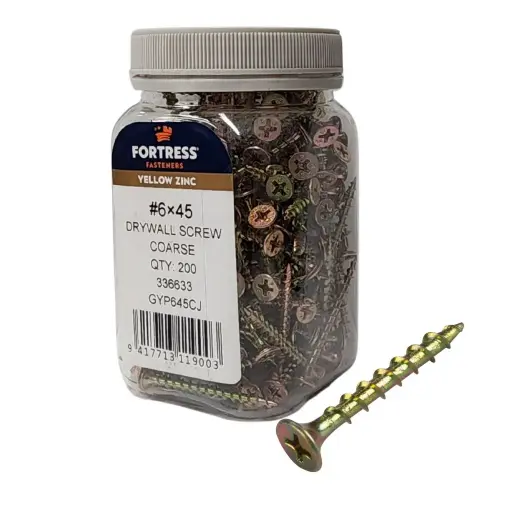 [P0070308] FORTRESS Plasterboard Screw 6g x 45mm Yellow Zinc (jar of 200)