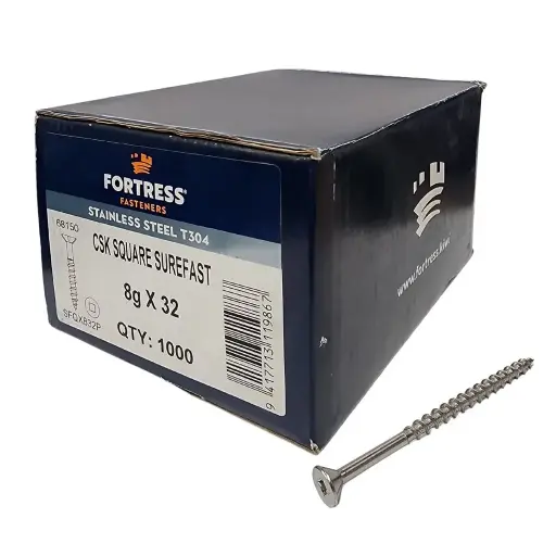 [P0104044] FORTRESS Countersunk Square Surefast Screw 8g x 32 Stainless Steel (box of 1000)