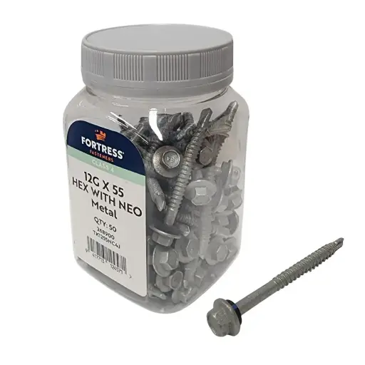 [104524] FORTRESS Self Drilling Tek Screw with Neo 12g x 55 Class 4 Galvanised (jar of 50)