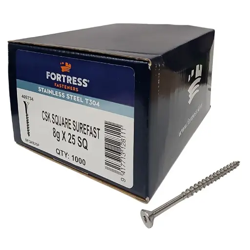 [HEN504] FORTRESS Countersunk Square Surefast Screw 8g x 25 Stainless Steel (box of 1000)