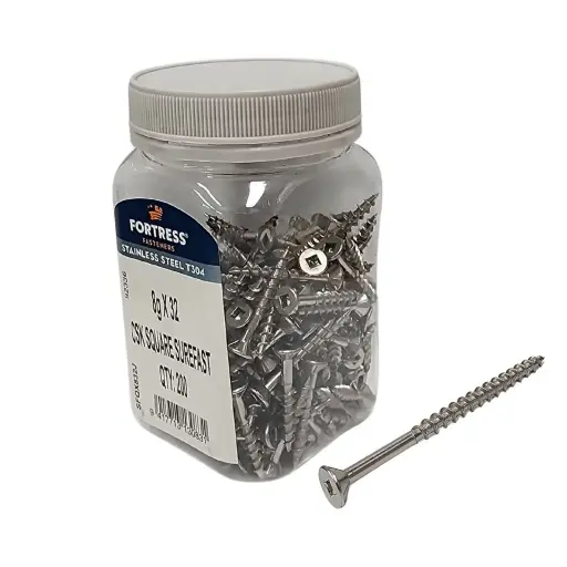 [P0024391] FORTRESS Countersunk Square Surefast Screw 8g x 32 Stainless Steel (jar of 200)