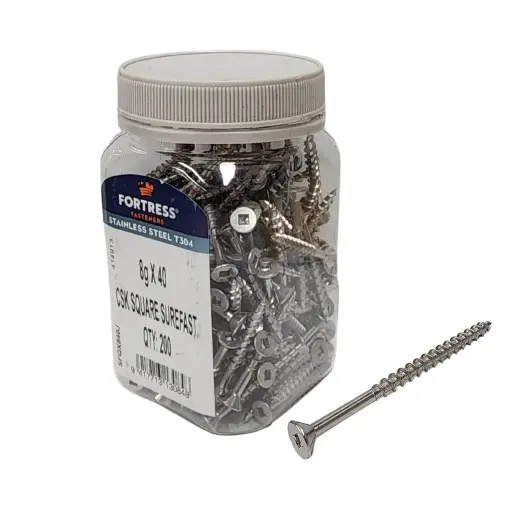 [P0024332] FORTRESS Countersunk Square Surefast Screw 8g x 40 Stainless Steel (jar of 200)