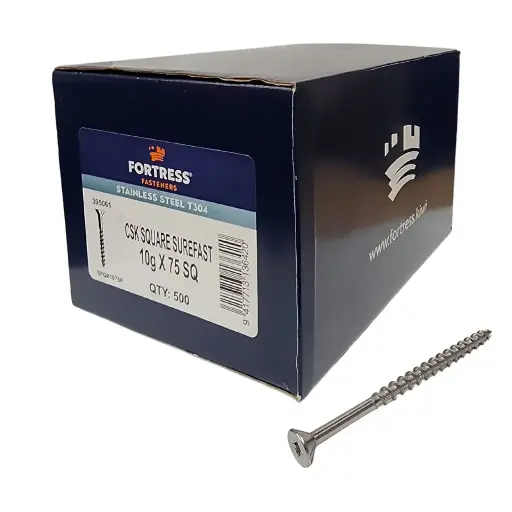 [P0011410] FORTRESS Countersunk Square Surefast Screw 10g x 75 Stainless Steel (box of 500)