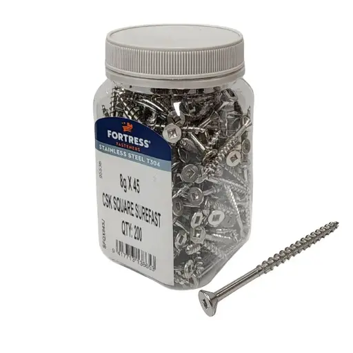 [P0024513] FORTRESS Countersunk Square Surefast Screw 8g x 45 Stainless Steel (jar of 200)
