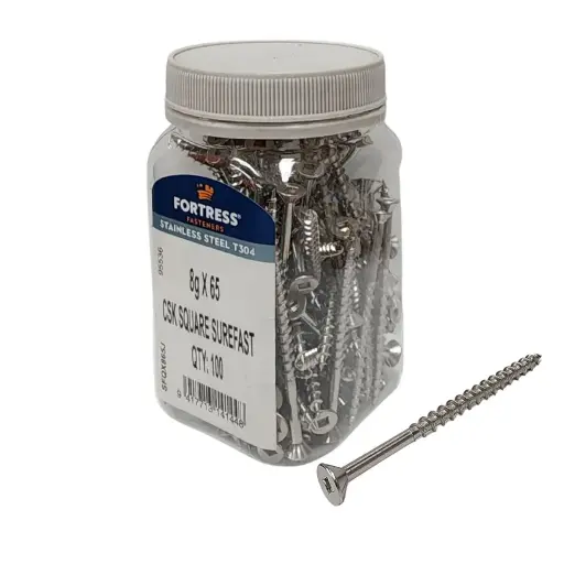 [P0024716] FORTRESS Countersunk Square Surefast Screw 8g x 65 Stainless Steel (jar of 100)