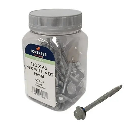 [110428] FORTRESS Self Drilling Tek Screw with Neo 12g x 65 Class 4 Galvanised (jar of 25)