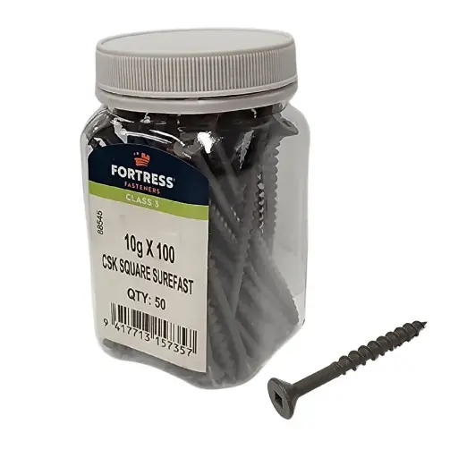 [P0011508] FORTRESS Surefast 10g x 100 Countersunk Square Class 3 Galvanised (jar of 50)