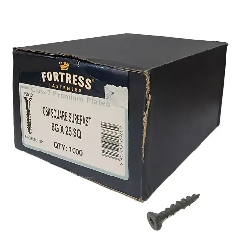 [111358] FORTRESS Surefast 8g x 25 Countersunk Square Class 3 Premium Plated (box of 1000)