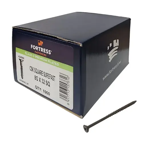 [P0104034] FORTRESS Surefast 8g x 32 Countersunk Square Class 3 Premium Plated (box of 1000)