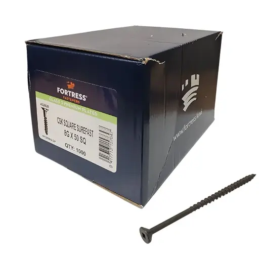 [P0104038] FORTRESS Surefast 8g x 50 Countersunk Square Class 3 Premium Plated (box of 1000)