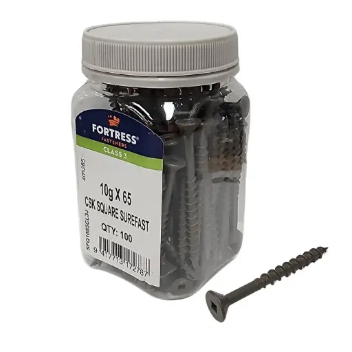 [P0011088] FORTRESS Surefast 10g x 65 Countersunk Square Class 3 Galvanised (jar of 100)