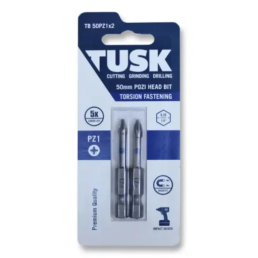 [TB50PZ1x2] TUSK Torsion Bits Pozi Head 1 - 50mm (2 pack)